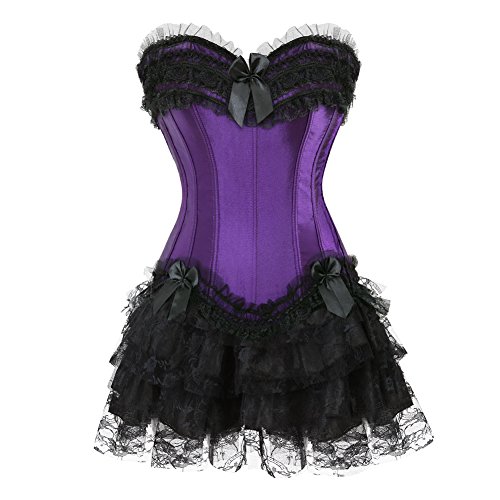 Grebrafan Burlesque Corsage Korsett mit Tüll Rock Satin Reißverschluss Korsage Damen (EUR(48-50) 6XL, Lila) von Grebrafan