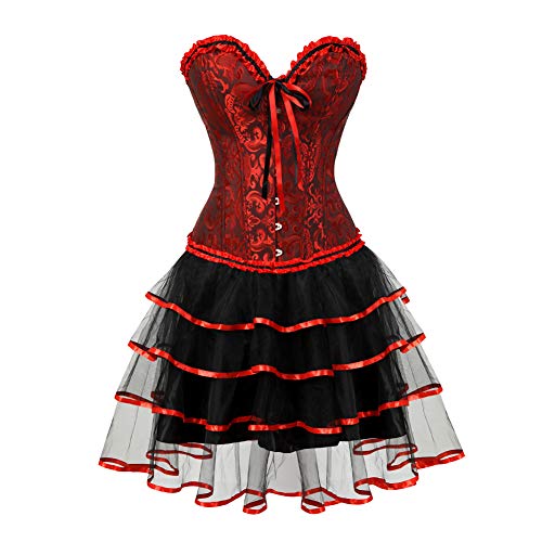 Grebrafan Burlesque Corsage Korsett mit Tütü Tüllrock Jacquard Korsage Kostüm Damen (EUR(40-42) 2XL, darkRot) von Grebrafan