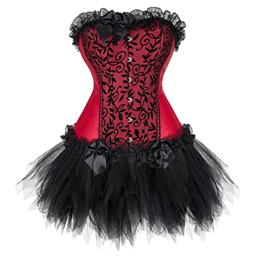 Grebrafan Burlesque Corsage mit Minirock Tutu Braut Korsett Damen (EUR(34-36) M, Weinrot) von Grebrafan