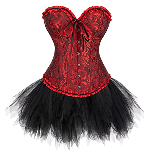 Grebrafan Burlesque Corsage mit Minirock Tutu Brokat Korsett Cosplay Damen (EUR(34-36) M, Dunkel Rot) von Grebrafan