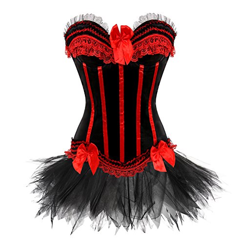 Grebrafan Burlesque Corsage mit Minirock Tutu Gestreift Korsett Reißverschluss Damen (EUR(36-38) L, Rot) von Grebrafan