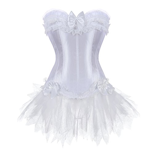 Grebrafan Burlesque Corsage mit Minirock Tutu Reißverschluss Korsett Damen (EUR(32-34) S, Weiß) von Grebrafan