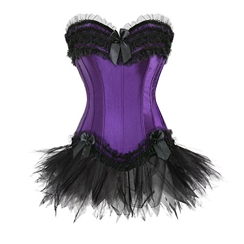 Grebrafan Burlesque Corsage mit Minirock Tutu Reißverschluss Korsett Damen (EUR(48-50) 6XL, Lila) von Grebrafan