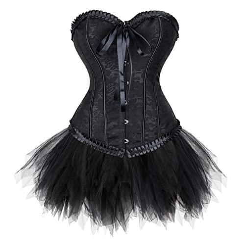Grebrafan Burlesque Corsage mit Minirock Tutu Renaissance Korsett Damen (EUR(30-32) XS, Schwarz) von Grebrafan