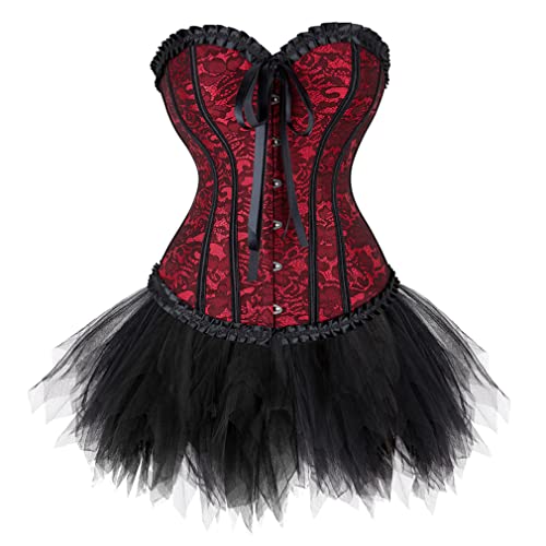 Grebrafan Burlesque Corsage mit Minirock Tutu Renaissance Korsett Damen (EUR(38-40) XL, Rot) von Grebrafan