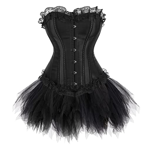 Grebrafan Burlesque Corsage mit Minirock Tutu Spitze Korsett Satin Damen (EUR(32-34) S, Schwarz) von Grebrafan