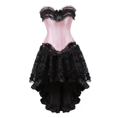 Grebrafan Burlesque Corsage mit Rock Reißverschluss Korsett karneval kostüm Damen (EUR(32-34) S, Schwarz Rosa) von Grebrafan