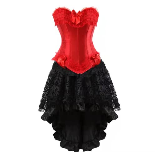 Grebrafan Burlesque Corsage mit Rock Reißverschluss Korsett karneval kostüm Damen (EUR(38-40) XL, Rot) von Grebrafan