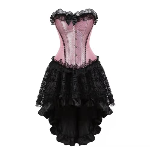 Grebrafan Burlesque Corsage mit Tüll Rock Retro Korsett Spitze kostüm Damen (EUR(42-44) 3XL, Rosa) von Grebrafan