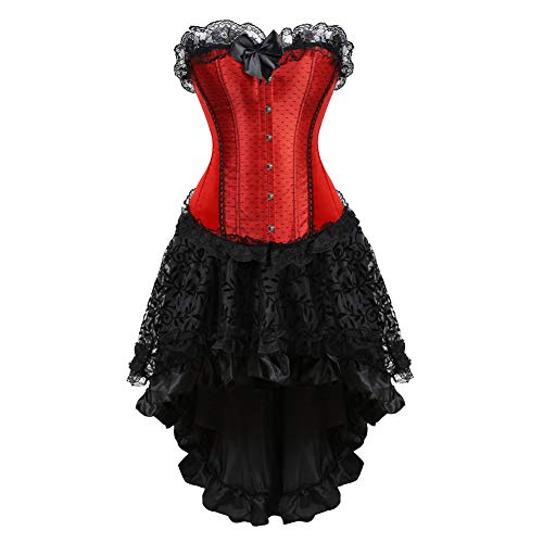 Grebrafan Burlesque Corsage mit Tüll Rock Retro Korsett Spitze kostüm Damen (EUR(46-48) 5XL, Rot) von Grebrafan