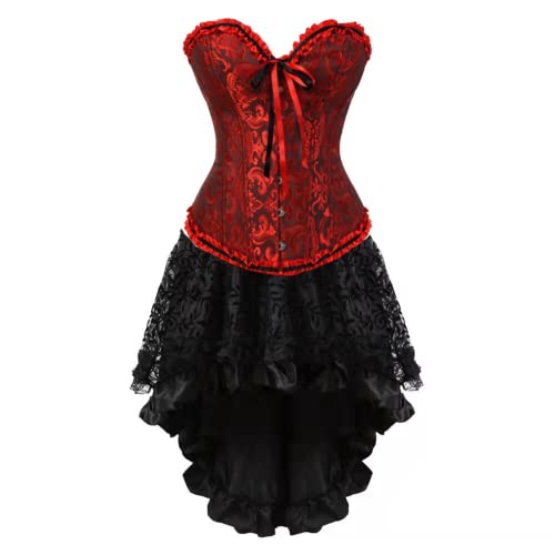 Grebrafan Burlesque Corsage mit Tüll Rock Taillen Korsett kostüm Damen (EUR(36-38) L, Dunkel Rot) von Grebrafan