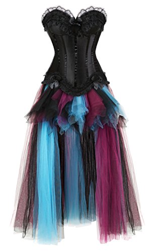 Grebrafan Corsages Steampunk mit Rock Lang aus tüll Karneval Kostüm Vollbrust Korsage Damen (EUR(34-36) M, Schwarz) von Grebrafan