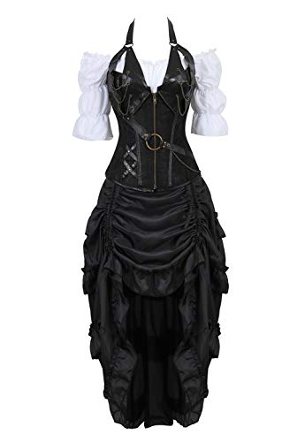 Grebrafan Corsage Halloween Kostüm Karneval Steampunk Leder Korsett Piraten (EUR(30-32) XS, Schwarz) von Grebrafan