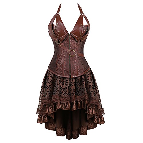 Grebrafan Corsage Steampunk Korsett Kunstleder mit Rock Tüll Tutu (EUR(36-38) L, Braun) von Grebrafan