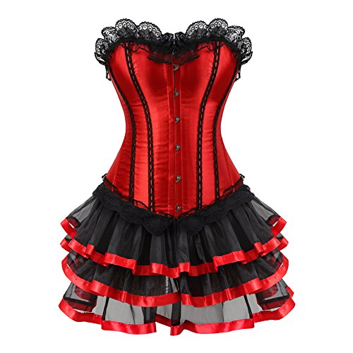 Grebrafan Corsage Korsett mit Tüllrock Kurz Satin Korsage Kostüm Burlesque Damen (EUR(48-50) 6XL, Rot) von Grebrafan