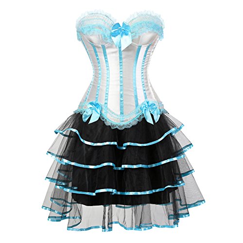 Grebrafan Corsage Korsett mit Tütü Tüllrock Gothic Gestreift Korsage Kostüm Damen (EUR(40-42) 2XL, Light Blau Weiß) von Grebrafan