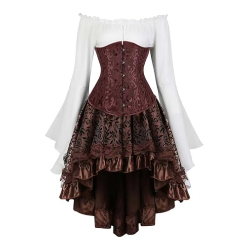 Grebrafan Corsage Push Up Unterbrust Piratin Kostüm Korsett Bluse Gothic Rock Set (EUR(32-34) S, Braun) von Grebrafan