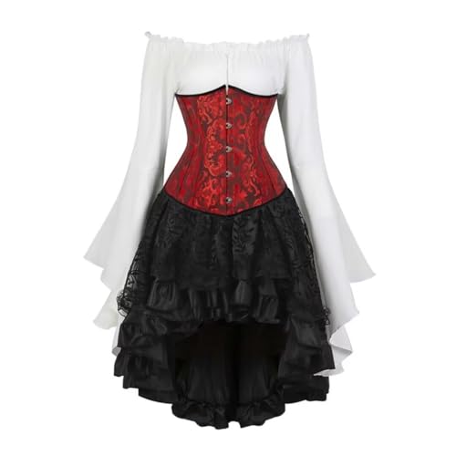 Grebrafan Corsage Push Up Unterbrust Piratin Kostüm Korsett Bluse Gothic Rock Set (EUR(36-38) L, Rot Schwarz) von Grebrafan