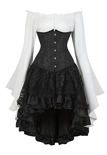 Grebrafan Corsage Push Up Unterbrust Piratin Kostüm Korsett Bluse Gothic Rock Set (EUR(38-40) XL, Schwarz) von Grebrafan