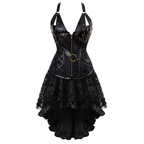 Grebrafan Corsage Steampunk Korsett Kunstleder mit Rock Tüll Tutu (EUR(50-52) 7XL, Schwarz) von Grebrafan