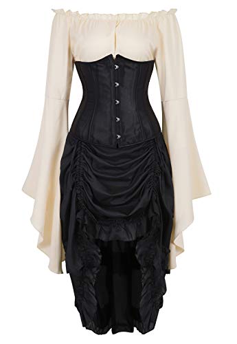 Grebrafan Corsage Unterbrust mit Pirat Rock und Bluse Satin Steampunk Korsett Kostüm (EUR(34-36) M, Schwarz) von Grebrafan