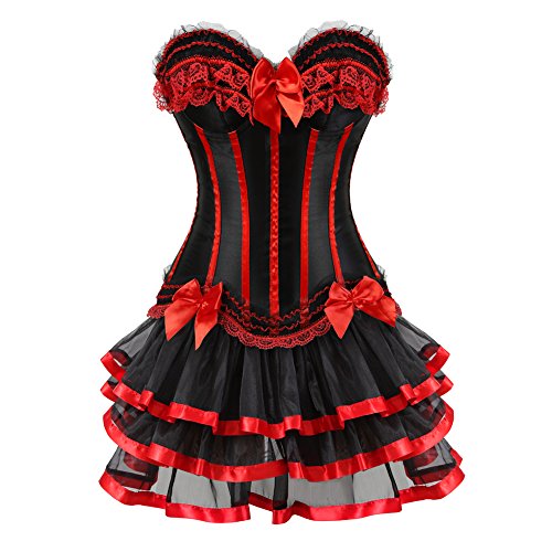 Grebrafan Damen Corsage Korsett mit Tüllrock Kurz Gestreift Korsage Kostüm (EUR(44-46) 4XL, Rot) von Grebrafan