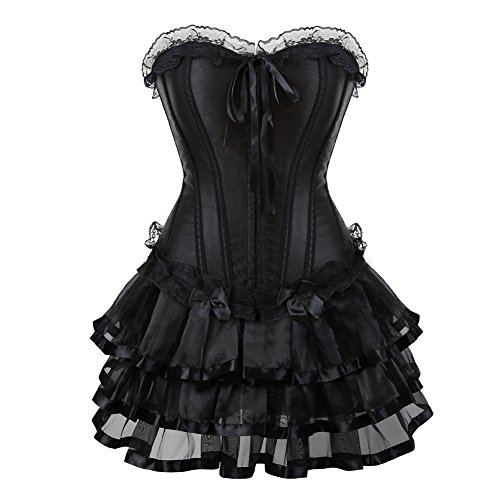 Grebrafan Damen Corsage Korsett mit Tüllrock Kurz Spitze Korsage Gothic Kostüm (EUR(36-38) L, Schwarz) von Grebrafan