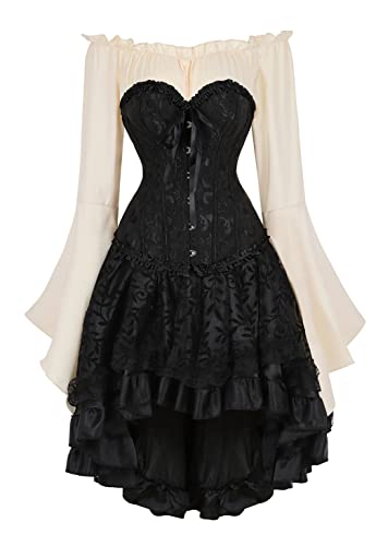 Grebrafan Damen Corsage mit Tüll Rock und Piraten Bluse Jacquard Steampunk Korsett Kostüm (EUR(34-36) M, Schwarz) von Grebrafan