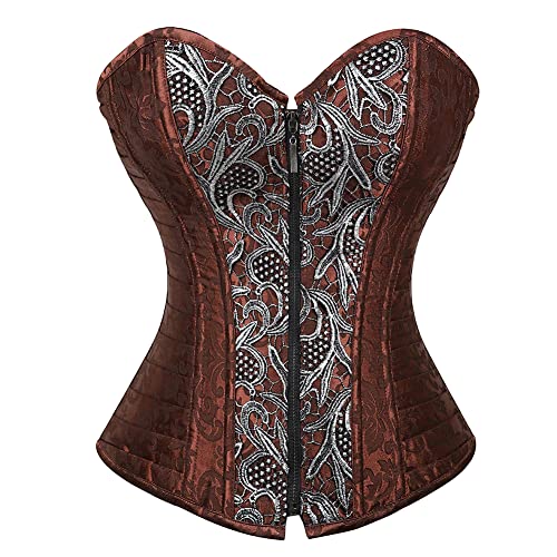 Grebrafan Damen Vintage Korsett Kunstleder Reißverschluss Stahlstäbchen Top Steampunk (EUR(34-36) M, Braun) von Grebrafan