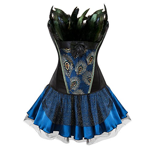 Grebrafan Exclusive Corsage Korsett und Tutu Rock Federn Pfau Karneval Kostüme (EUR(50-52) 7XL, Black blue) von Grebrafan