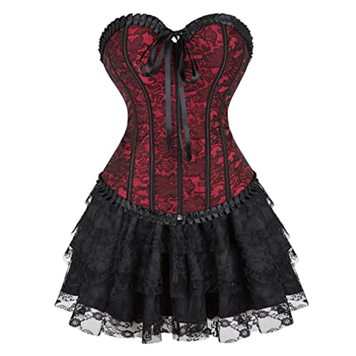 Grebrafan Gothic Corsage Korsett mit Tüll Rock Renaissance Korsage Zip Damen (EUR(34-36) M, Rot) von Grebrafan