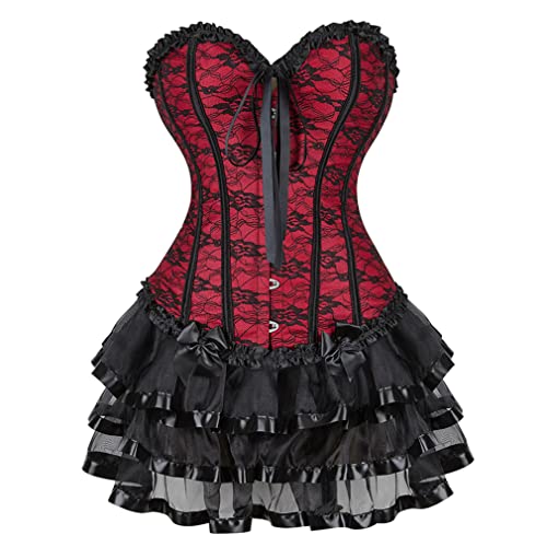 Grebrafan Gothic Corsage Korsett mit Tüllrock Kurz Damen Bustiers Korsage Kostüm (EUR(34-36) M, Rot) von Grebrafan