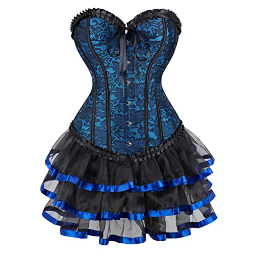 Grebrafan Gothic Corsage Korsett mit Tüllrock Kurz Damen Renaissance Korsage Kostüm (EUR(36-38) L, Schwarz Blau) von Grebrafan