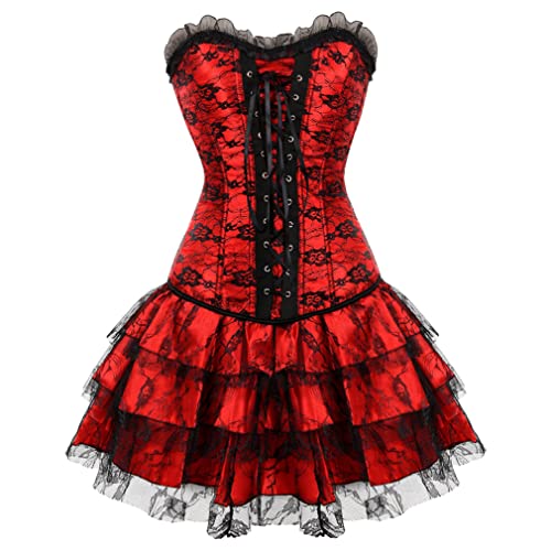 Grebrafan Gothic Corsage Spitze Korsett mit Tüll Rock (EUR(40-42) 2XL, Rot) von Grebrafan