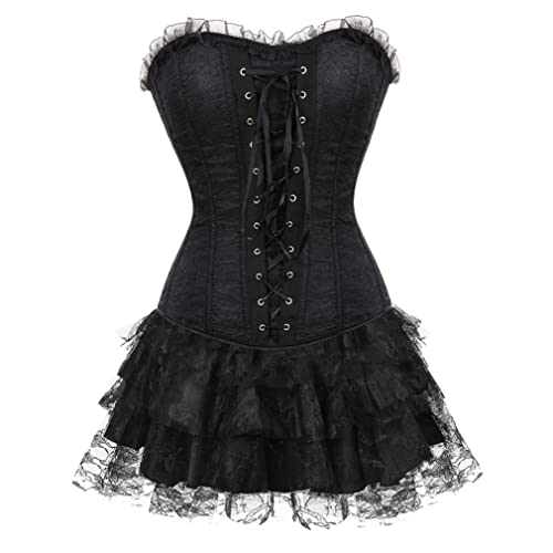 Grebrafan Gothic Corsage Spitze Korsett mit Tüll Rock (EUR(50-52) 7XL, Schwarz) von Grebrafan