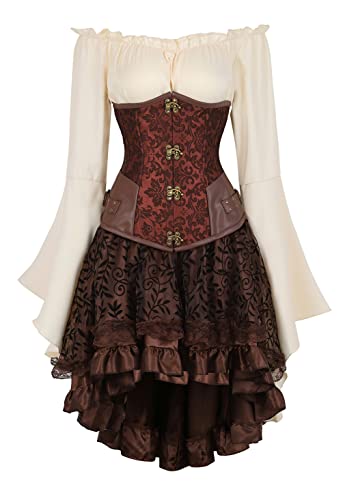 Grebrafan Gothic Corsage Unterbrust mit Tüll Rock und Piraten Bluse Rockabilly Korsett Kostüm (EUR(50-52) 7XL, Braun) von Grebrafan