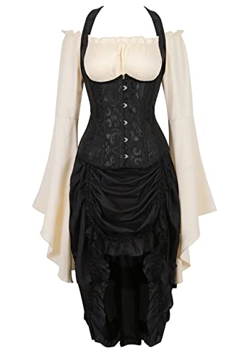 Grebrafan Gothic Corsage mit Pirat Rock und Bluse Jacquard Unterbrust Korsett Kostüm (EUR(44-46) 4XL, Schwarz) von Grebrafan