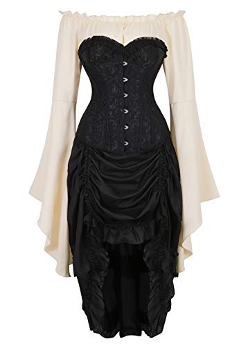 Grebrafan Gothic Corsage mit Pirat Rock und Bluse Mittelalter Korsett Kostüm (EUR(38-40) XL, Schwarz) von Grebrafan