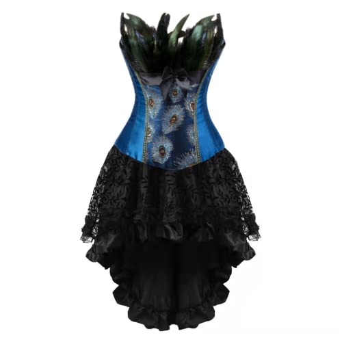 Grebrafan Gothic Corsage mit Tüll Rock Brokat Korsett Pfau kostüm Damen (EUR(32-34) S, Blau) von Grebrafan