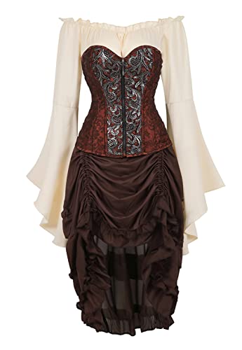 Grebrafan Gothic Damen Corsage mit Pirat Rock und Bluse Stahl Korsett Kostüm (EUR(42-44) 3XL, Braun) von Grebrafan