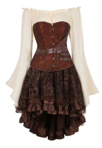 Grebrafan Gothic Damen Corsage mit Tüll Rock und Piraten Bluse Kunstleder Korsett Kostüm (EUR(38-40) XL, Braun) von Grebrafan