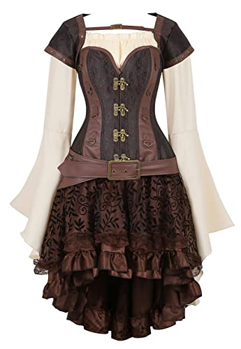 Grebrafan Gothic Damen Corsage mit Tüll Rock und Piraten Bluse Retro Korsett Kostüm (EUR(34-36) M, Braun) von Grebrafan