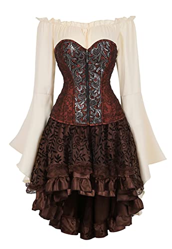 Grebrafan Gothic Damen Corsage mit Tüll Rock und Piraten Bluse Stahl Korsett Kostüm (EUR(40-42) 2XL, Braun) von Grebrafan