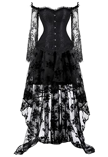 Grebrafan Gothic Korsett Bauchweg Corsage Taillen Korsett Dirndl Bluse Trachten Shirt mit Lang Tüllrock (EUR(46-48) 5XL, Schwarz) von Grebrafan