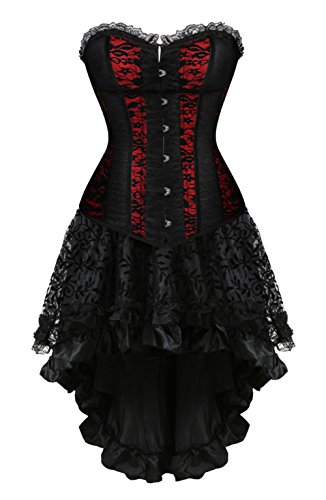 Grebrafan Gothic Korsett Braut Corsage Mieder Geschnürt mit Asymmetrischer Rock Tüll Tutu (EUR(36-38) L, Rot) von Grebrafan