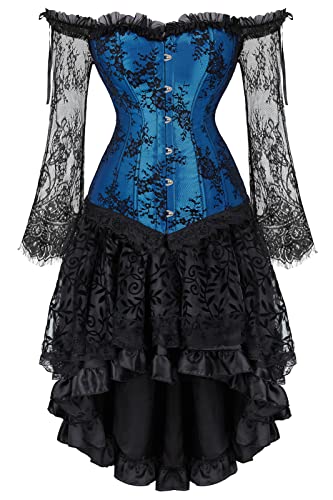 Grebrafan Gothic Korsett Corsage Taillen Korsett Dirndl Bluse Trachten Shirt mit Tüllrock (EUR(34-36) M, Blau) von Grebrafan