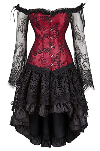 Grebrafan Gothic Korsett Corsage Taillen Korsett Dirndl Bluse Trachten Shirt mit Tüllrock (EUR(36-38) L, Rot) von Grebrafan