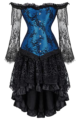 Grebrafan Gothic Korsett Corsage Taillen Korsett Dirndl Bluse Trachten Shirt mit Tüllrock (EUR(40-42) 2XL, Blau) von Grebrafan