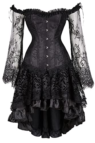 Grebrafan Gothic Korsett Corsage Taillen Korsett Dirndl Bluse Trachten Shirt mit Tüllrock (EUR(40-42) 2XL, Schwarz) von Grebrafan