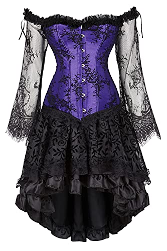 Grebrafan Gothic Korsett Corsage Taillen Korsett Dirndl Bluse Trachten Shirt mit Tüllrock (EUR(44-46) 4XL, Violett) von Grebrafan